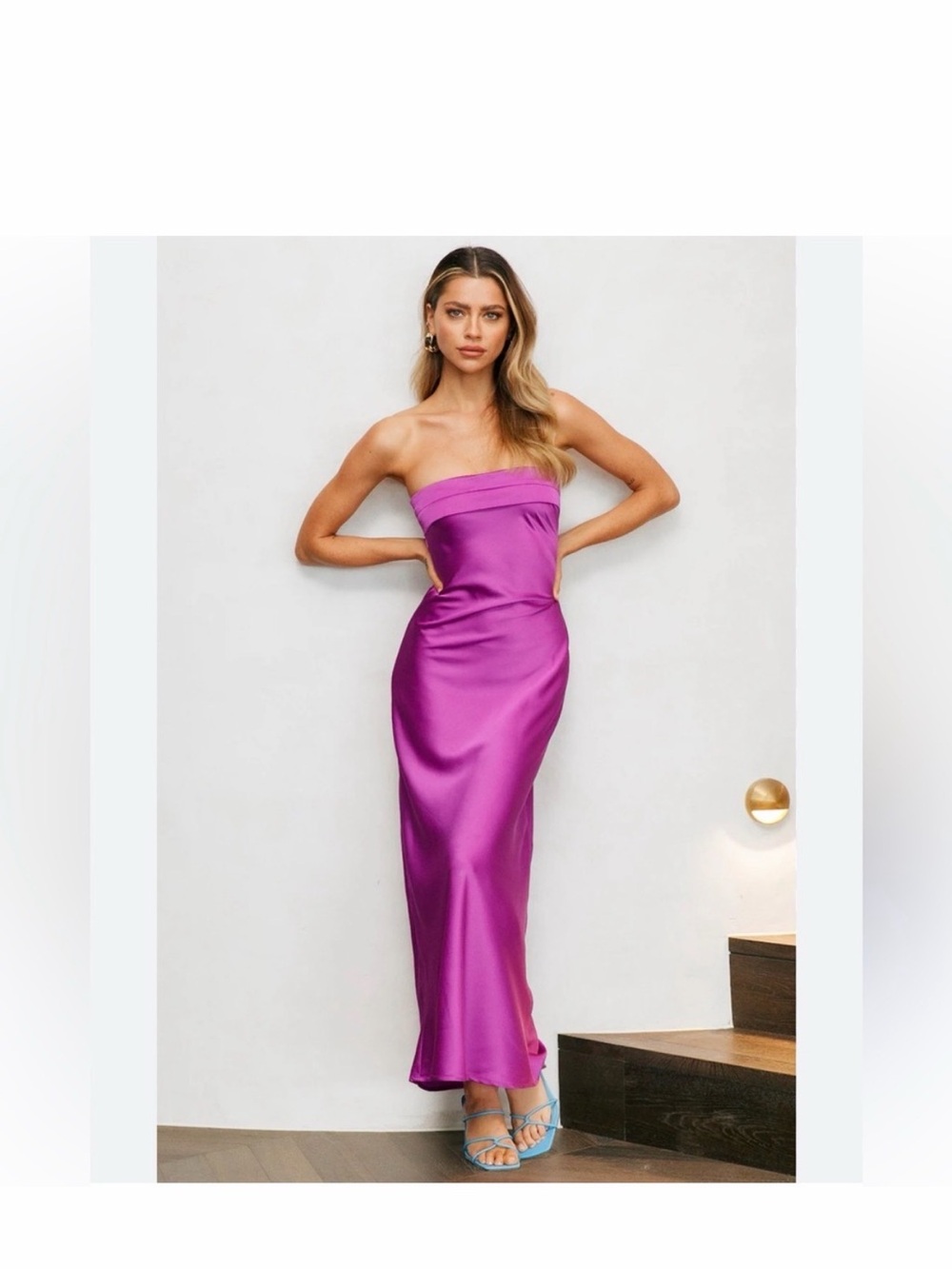 Hello Molly purple satin strapless backless maxi dress
